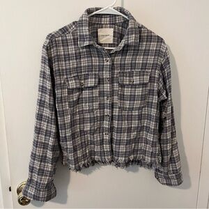 Lucky Brand Women’s Raw Edge Flannel Button Down Shirt Fringe Cropped Plaid S